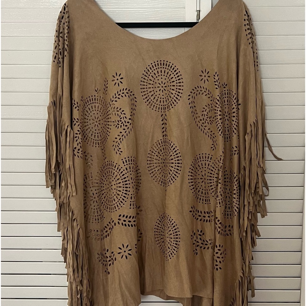 Faux suede fringe poncho